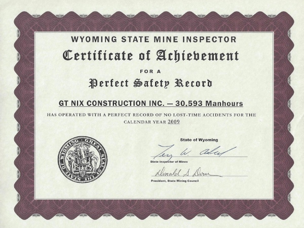 Perfect safety record award